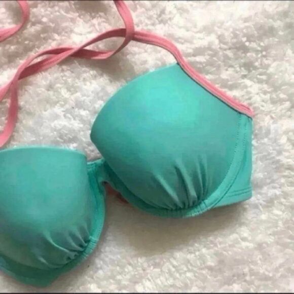 NWT Aerie Bikini Top 34C Blakely Lace Up Back Mint Green / Pink Swim AEO AE - Picture 3 of 7